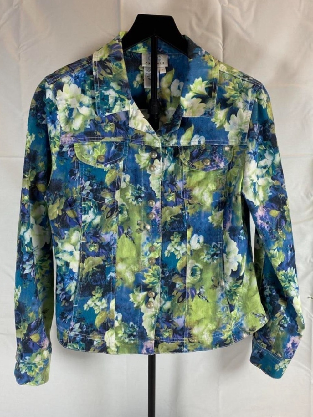 OSO Casuals Floral Stretch Denim Jacket Blue Green Size Large